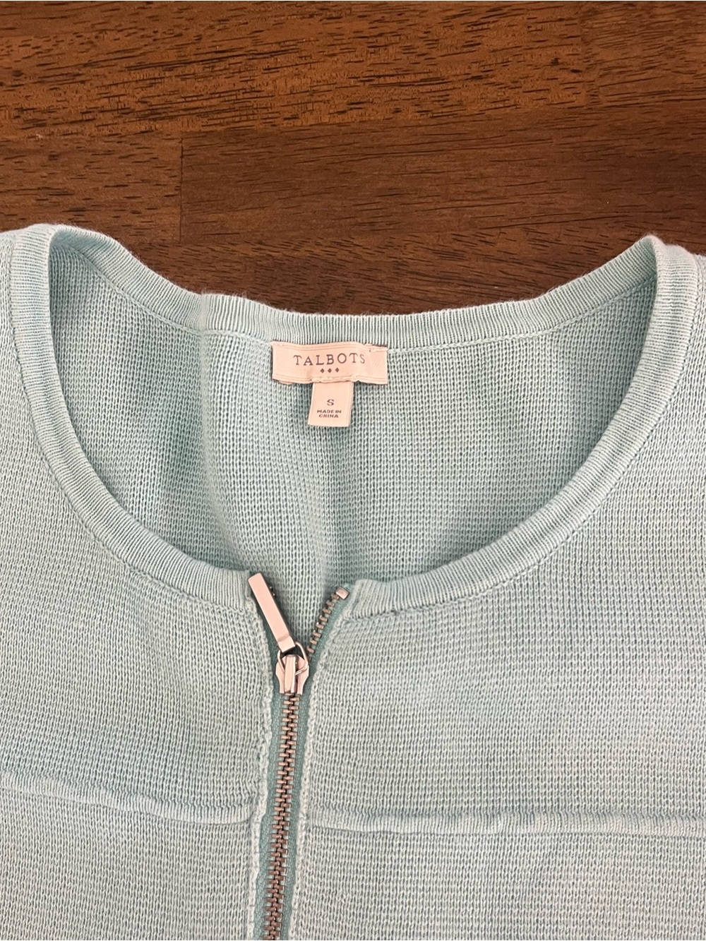 Talbots Pastel Blue Collarless Zip-Front Blazer Sweater 100% Cotton Small - Picture 2 of 6